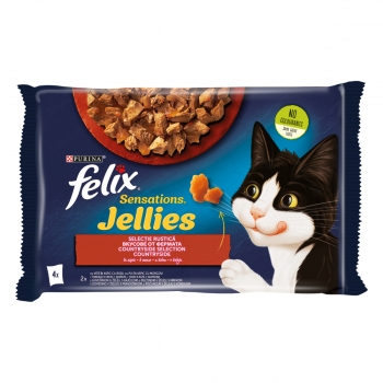 PURINA Felix Sensations, 2 arome (Vită și Pui), pachet mixt, plic hrană umedă pisici, (în aspic), 85g x 4