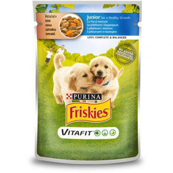 PURINA Friskies Junior, Pui cu Morcov, multipack plic hrană umedă câini, (în sos), 100g x 4 (în