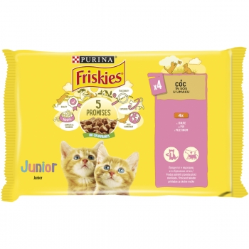 PURINA Friskies Junior, Pui, multipack plic hrană umedă pisici junior, (în sos), 85g x 4