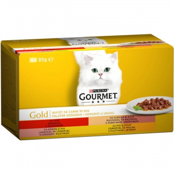 PURINA Gourmet Gold, 4 arome (Vită, Curcan și Rață, Somon și Pui, Pui și Ficat), pachet mixt, conservă hrană umedă pisici, (bucăti în sos), 85g x 4 Gourmet