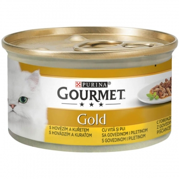 PURINA Gourmet Gold Duo, Vită și Pui, conservă hrană umedă pisici, (în sos), 85g