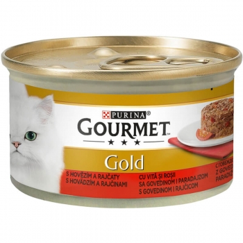 PURINA Gourmet Gold Savoury Cake, Vită cu Roșii, conservă hrană umedă pisici, (bucăți de carne), 85g (bucăti