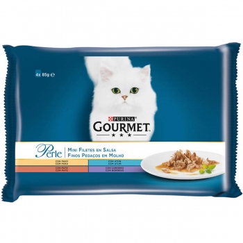 PURINA Gourmet Perle, 4 arome (Vită, Pui, Iepure, Somon), pachet mixt, plic hrană umedă pisici, (în sos), 85g x 4 (în