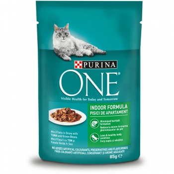 PURINA One Indoor, Ton cu Fasole Verde, plic hrană umedă pisici, (în sos), 85g pentruanimale.ro