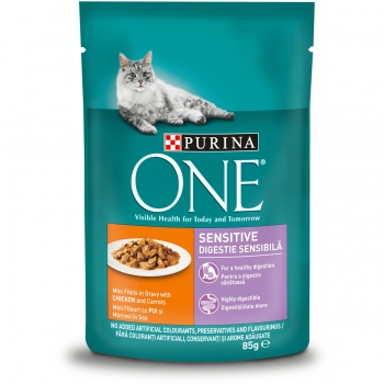 PURINA One Sensitive, Pui cu Morcov, pachet economic plic hrană umedă pisici, sensibilități digestive, (în sos), 85g x 24 pentruanimale.ro