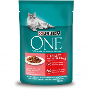 PURINA One Sterilcat, Somon cu Morcov, plic hrană umedă pisici sterilizate, (în sos), 85g (în imagine 2022