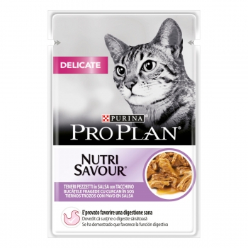 PURINA Pro Plan Delicate Nutrisavour, Curcan, plic hrană umedă pisici, sensibilități digestive, (în sos), 85g (în