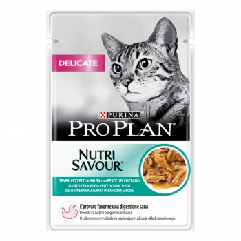 PURINA Pro Plan Delicate Nutrisavour, Pește oceanic, plic hrană umedă pisici, sensibilități digestive, (în sos), 85g (în