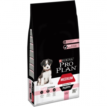 PURINA Pro Plan Sensitive Skin Puppy M, Somon, hrană uscată câini junior, piele și blană, 12kg 12kg