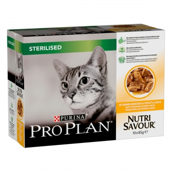 PURINA Pro Plan Sterilised Nutrisavour, Pui, pachet economic plic hrană umedă pisici sterilizate, (în sos), 85g x 10 pentruanimale.ro