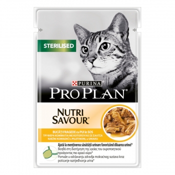 PURINA Pro Plan Sterilised Nutrisavour, Pui, plic hrană umedă pisici sterilizate, (în sos), 85g
