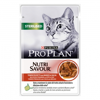 PURINA Pro Plan Sterilised Nutrisavour, Vită, pachet economic plic hrană umedă pisici sterilizate, (în sos), 85g x 26 pentruanimale.ro