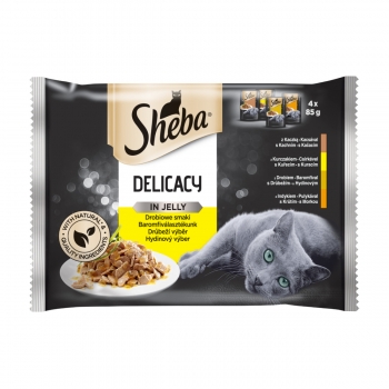 SHEBA Delicacy, Selecții de Pasăre, 4 arome, pachet mixt, plic hrană umedă pisici, (în aspic), 85g x 4 pentruanimale