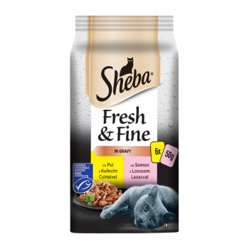 SHEBA Fresh&Fine, Selecții Pasăre și Pește, 2 arome, pachet mixt, plic hrană umedă pisici, (în sos), 50g x 6 (în