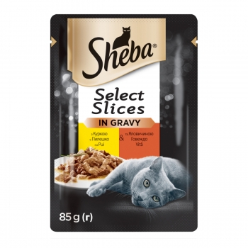 SHEBA Select Slices, Pui și Vită, plic hrană umedă pisici, (în sos), 85g (plic) imagine 2022