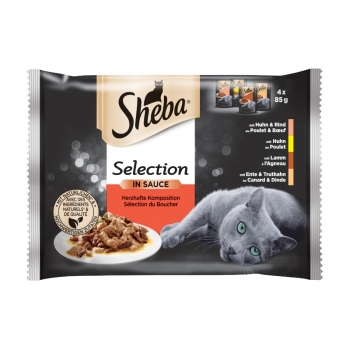 SHEBA Selection, Selecții de Carne, 4 arome, pachet mixt, plic hrană umedă pisici, (în sos), 85g x 4 pentruanimale.ro