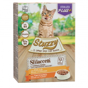 STUZZY Shreds Pack Sterilised, Pui și Curcan, plic hrană umedă pisici sterilizate, (în sos), multipack, 85g x 12buc pentruanimale.ro imagine 2022