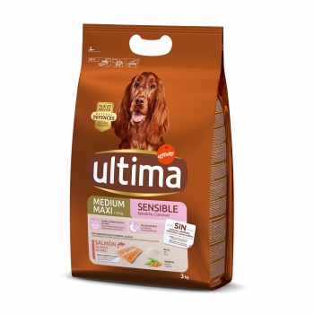 ULTIMA Dog Medium & Maxi Adult Sensitive, Somon, hrană uscată câini, confort digestiv, 3kg pentruanimale.ro