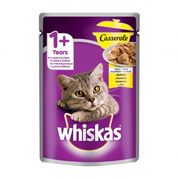 WHISKAS Casserole, Pui, plic hrană umedă pisici, (în aspic), 85g (în