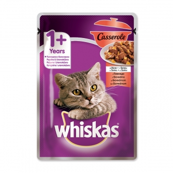 WHISKAS Casserole, Vită, plic hrană umedă pisici, (în aspic), 85g (în