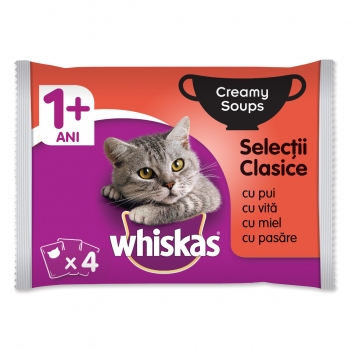 WHISKAS Creamy Soup Selecții Clasice, 4 arome, pachet mixt, plic hrană umedă pisici, (în supă), 85g x 4