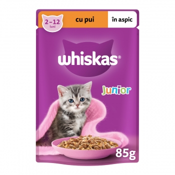 WHISKAS Junior, Pui, plic hrană umedă pisici junior, (în aspic), multipack, 85g (în imagine 2022