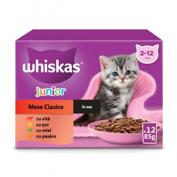 WHISKAS Junior Selectii Clasice, Miel, Vită, Pui și Pasăre, plic hrană umedă pisici, (în sos), multipack, 85g x 12 (în imagine 2022