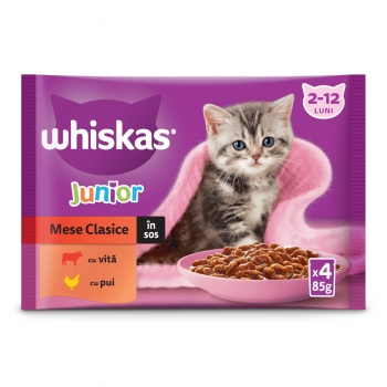 WHISKAS Junior Selectii Clasice, Vită și Pui, plic hrană umedă pisici junior, (în aspic), multipack, 85g x 4 (în imagine 2022