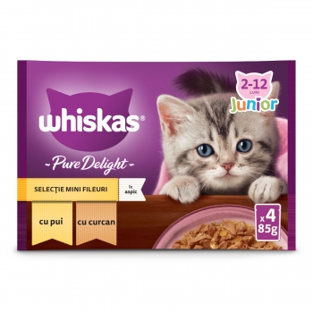 WHISKAS Pure Delight Junior Selectii Pasăre, Pui și Curcan, plic hrană umedă pisici junior, (în aspic), multipack, 85g x 4 (în imagine 2022