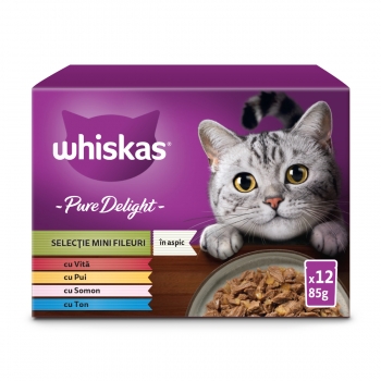 WHISKAS Pure Delight Mixed Selection, Vită, Pui, Somon și Ton, plic hrană umedă pisici, (în aspic), multipack, 85g x 12 (în imagine 2022