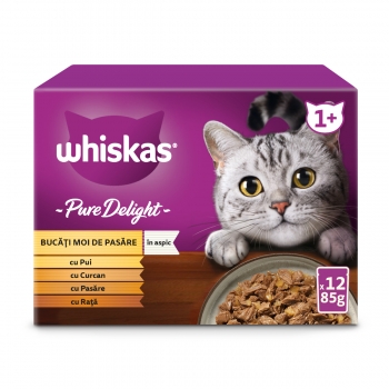 WHISKAS Pure Delight, Pasăre, plic hrană umedă pisici, (în aspic), multipack, 85g x 12 (în imagine 2022