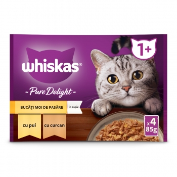 WHISKAS Pure Delight Selectii Pasăre, Pui și Curcan, plic hrană umedă pisici, (în aspic), multipack, 85g x 4 (în imagine 2022