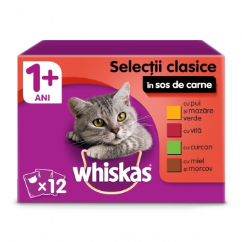 WHISKAS Selecții Clasice, 4 arome, pachet mixt, plic hrană umedă pisici, (în sos), 100g x 12 (în imagine 2022