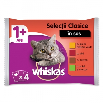 WHISKAS Selecții Clasice, 4 arome, pachet mixt, plic hrană umedă pisici, (în sos), 100g x 4 (plic) imagine 2022