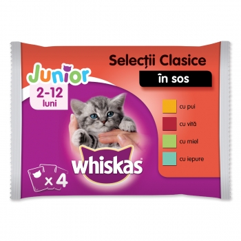 WHISKAS Selecții Clasice Junior, 4 arome, pachet mixt, plic hrană umedă pisici junior, (în sos), 100g x 4 (în imagine 2022
