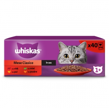 WHISKAS Selectii Clasice, Miel, Vită, Pui și Pasăre, plic hrană umedă pisici, (în sos), multipack, 85g x 40 (în imagine 2022