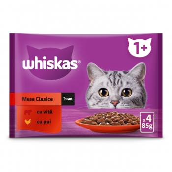WHISKAS Selectii Clasice, Vită și Pui, plic hrană umedă pisici, (în aspic), multipack, 85g x 4 (în imagine 2022