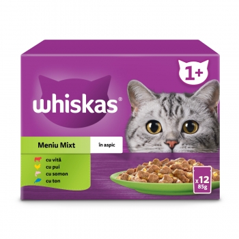 WHISKAS Selectii Mixte, Vită, Pui, Somon și Ton, plic hrană umedă pisici, (în aspic), multipack, 85g x 12 (în imagine 2022