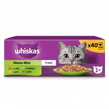 WHISKAS Selectii Mixte, Vită, Pui, Somon și Ton, plic hrană umedă pisici, (în aspic), multipack, 85g x 40 (în imagine 2022