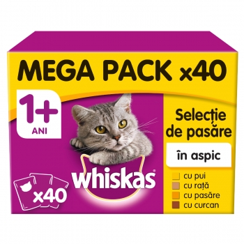 WHISKAS Selecții Pasăre Maxi Pack, 4 arome, pachet mixt, plic hrană umedă pisici, (în aspic), 100g x 40 (în imagine 2022
