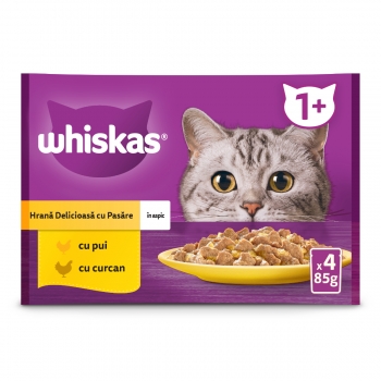 WHISKAS Selectii Pasăre, Pui și Curcan, plic hrană umedă pisici, (în aspic), multipack, 85g x 4 (în imagine 2022
