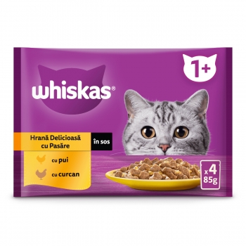 WHISKAS Selectii Pasăre, Pui și Curcan, plic hrană umedă pisici, (în sos), multipack, 85g x 4 (în imagine 2022