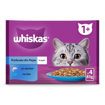 WHISKAS Selectii Pește, Somon și Ton, plic hrană umedă pisici, (în aspic), multipack, 85g x 4 (în imagine 2022