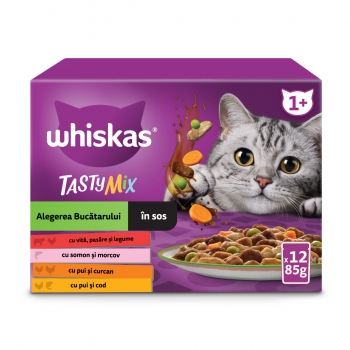 WHISKAS Tasty Mix Chef’s Choice, Somon, Vită, Pui și Pasăre, Pui și Curcan, Pui și Cod, plic hrană umedă pisici, (în sos), multipack, 85g x 12
