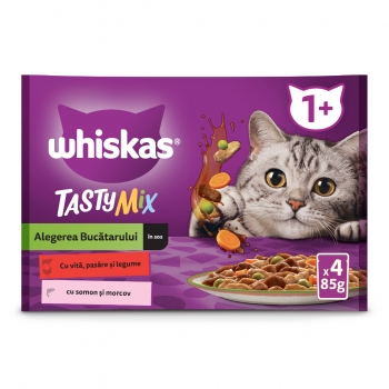 WHISKAS Tasty Mix Chef’s Choice, Somon, Vită și Pasăre, plic hrană umedă pisici, (în sos), multipack, 85g x 4