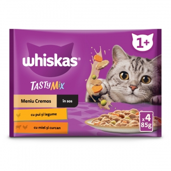 WHISKAS Tasty Mix Creamy Creations, Pui și Legume, Miel și Curcan, plic hrană umedă pisici, (în supă), multipack, 85g x 4 (în imagine 2022
