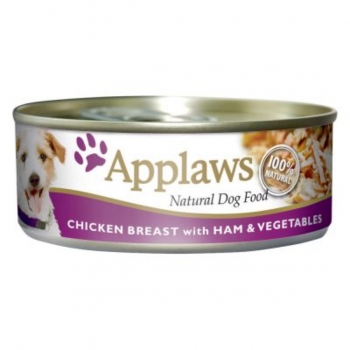 APPLAWS, Pui, Șuncă și Legume, conservă hrană umedă câini, (în supă), 156g APPLAWS