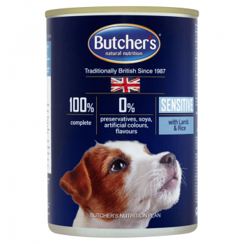 Butchers’s Dog Blue Sensitive Pate, Miel si Orez, 390 g