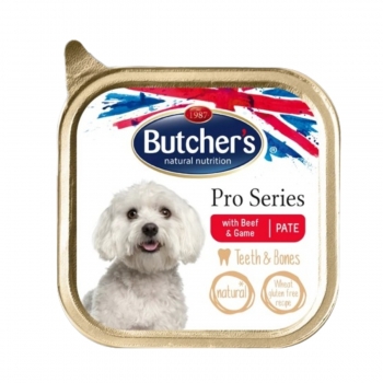 BUTCHER\'S Pro Series Teeth & Bones, XS-S, Vită și Vânat, tăviță hrană umedă câini, sensibilități dentare, (pate), 150g
