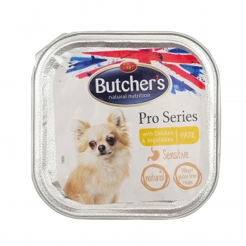 BUTCHER’S Pro Series Sensitive, XS-S, Pui și Legume, tăviță hrană umedă câini, sistem digestiv, (pate), 100g (pate)